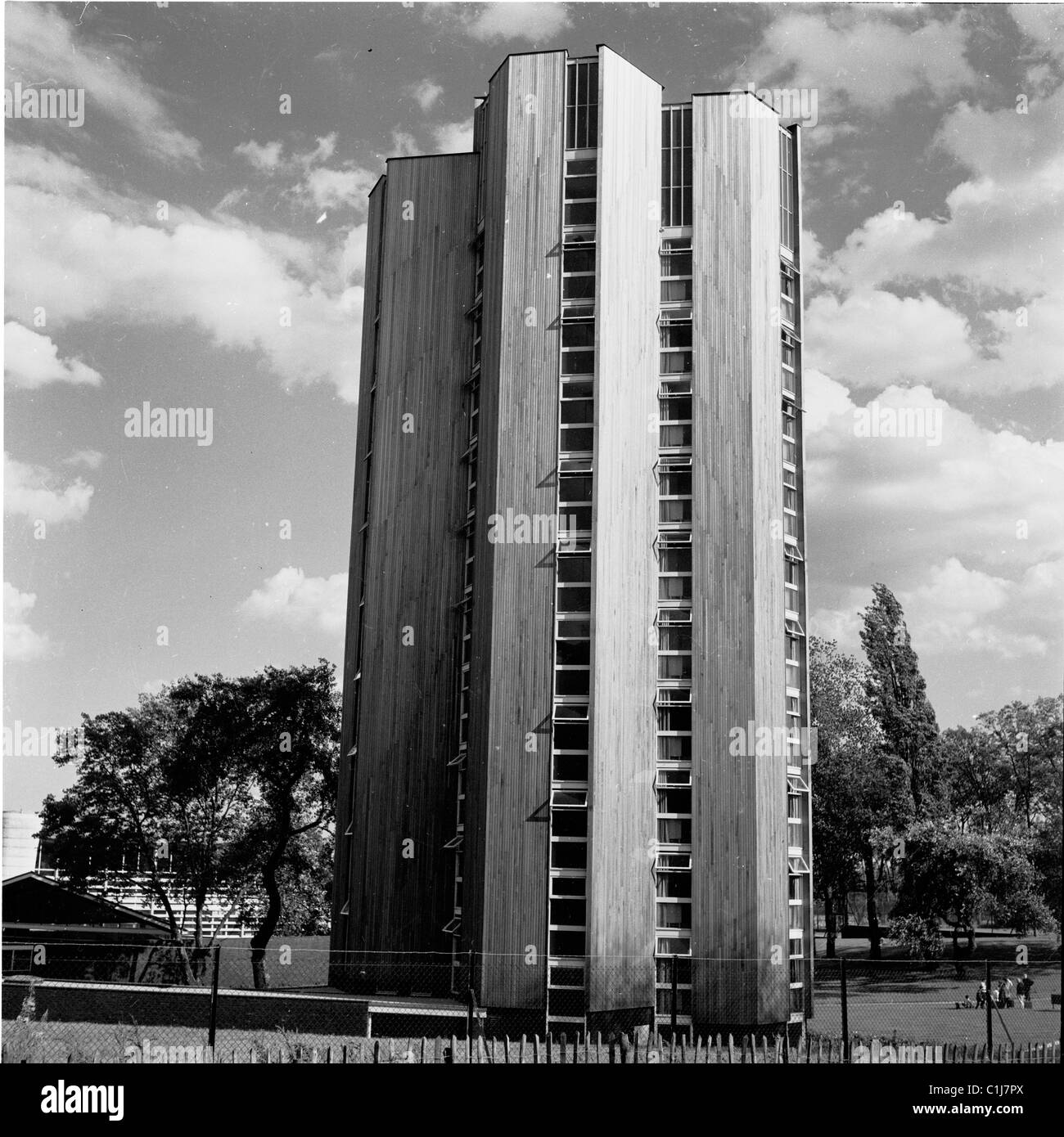 1960s, a modern housing block built for the athletes and sports staff at the National Sports Centre at Crystal Palace Athletic Stadium, South London. Stock Photo