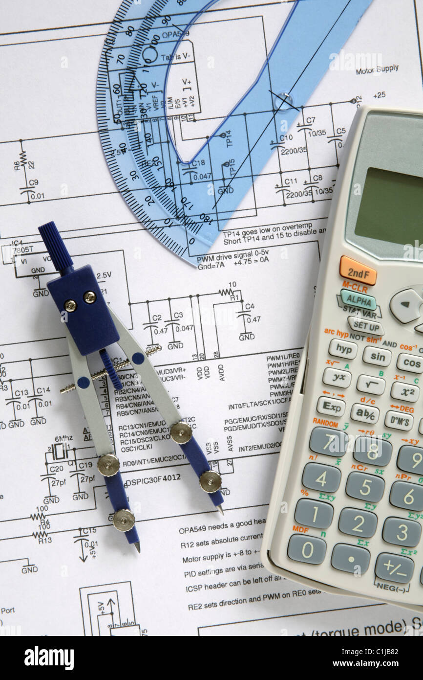 Schematic drawing with calculator, compass and protractor Stock Photo