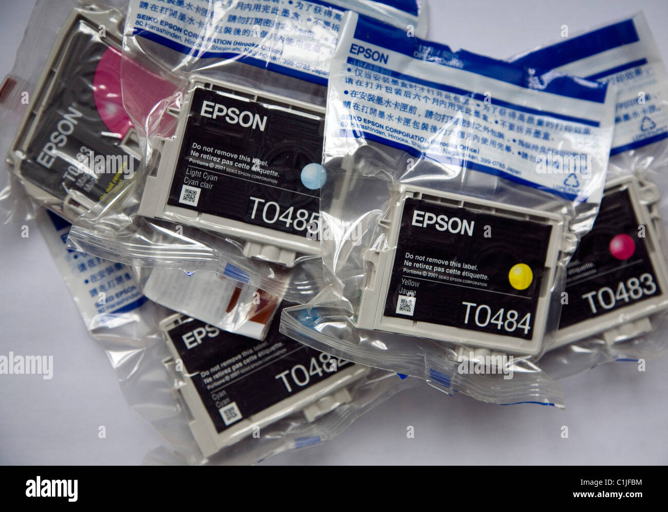 Epson colour printer ink packages Stock Photo