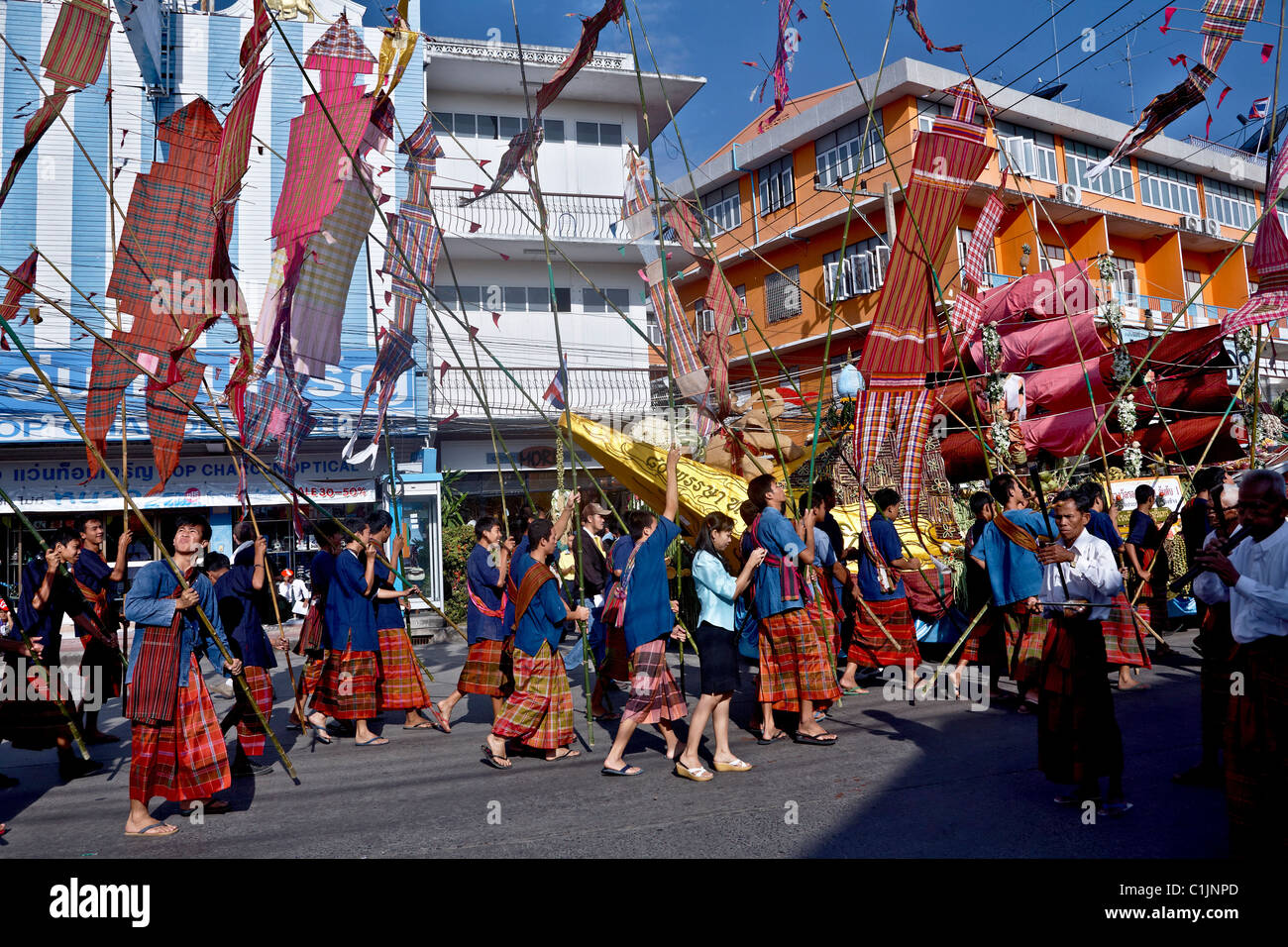Thailand street parade. Colorful flags and banners at the annual street festival and parade Surin Thailand S. E. Asia Stock Photo