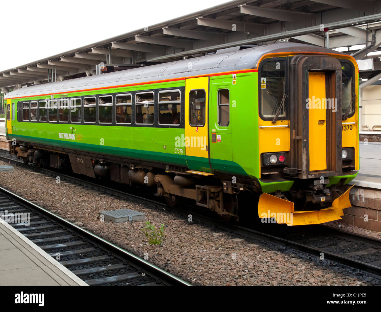 Single unit diesel commuter train used on the railway line between Nottingham and Matlock operated by East Midands Trains UK Stock Photo
