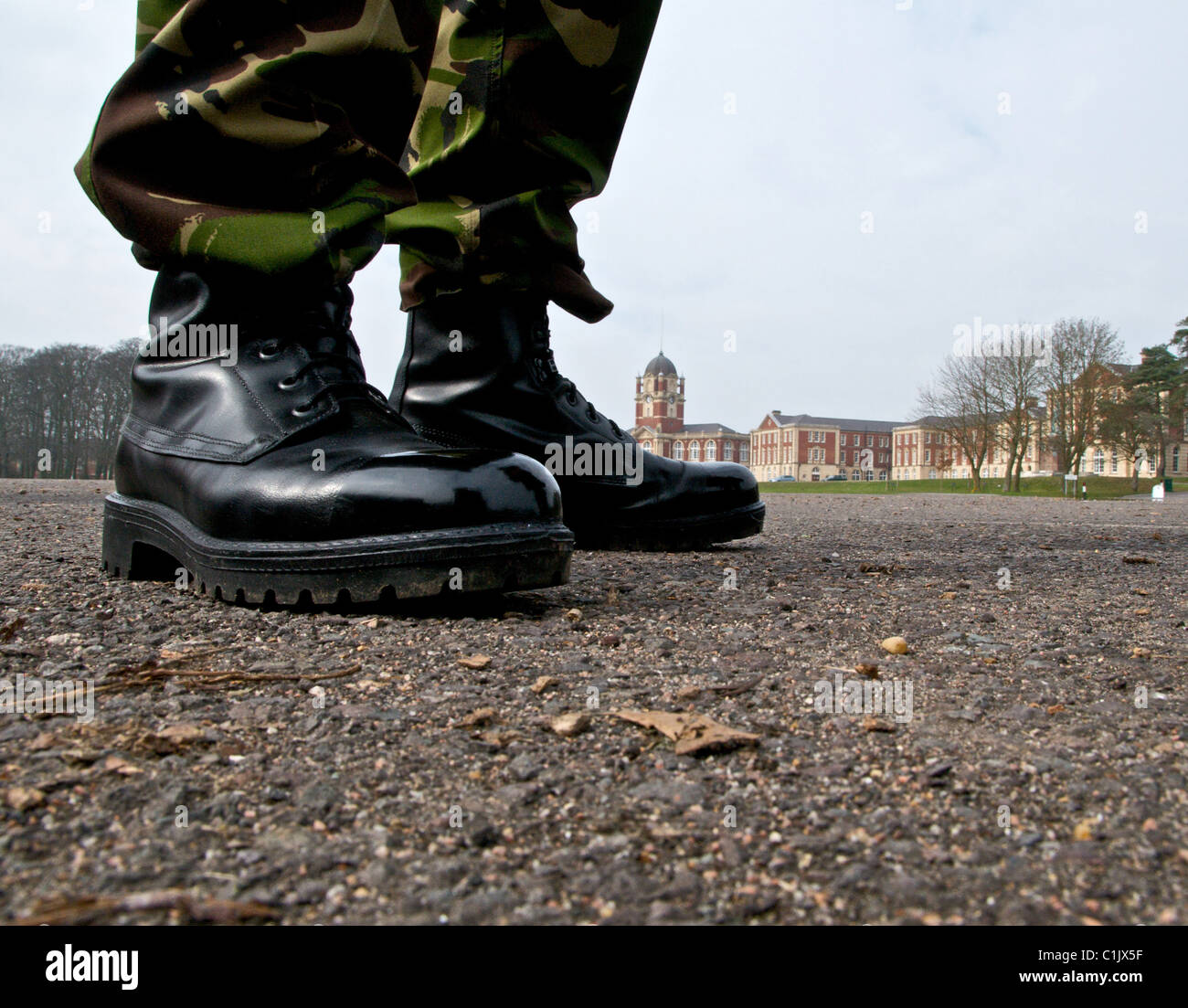 A soldier's boots on the Parade Ground of the Royal Military Academy Sandhurst Stock Photo