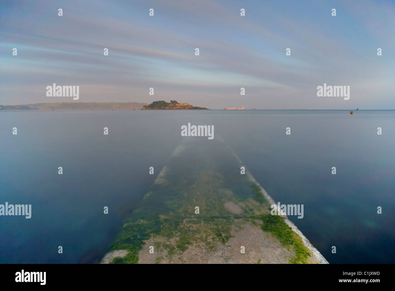 High tide at Firestone Bay overlooking Drakes Island and Plymouth Sound