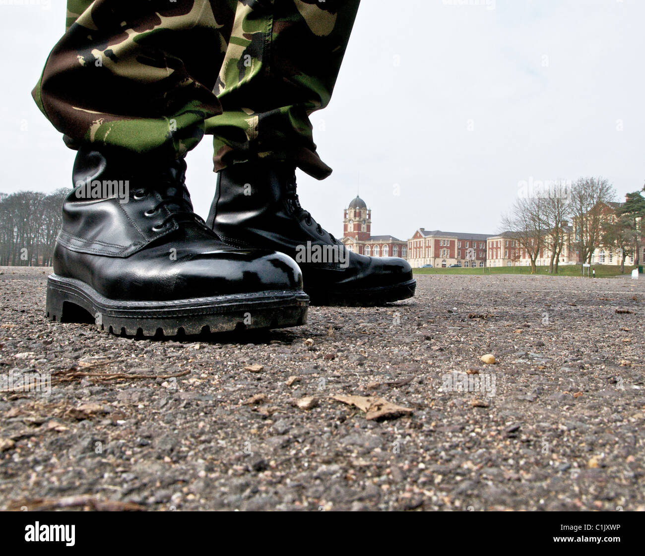 A soldier's boots on the Parade Ground of the Royal Military Academy Sandhurst Stock Photo