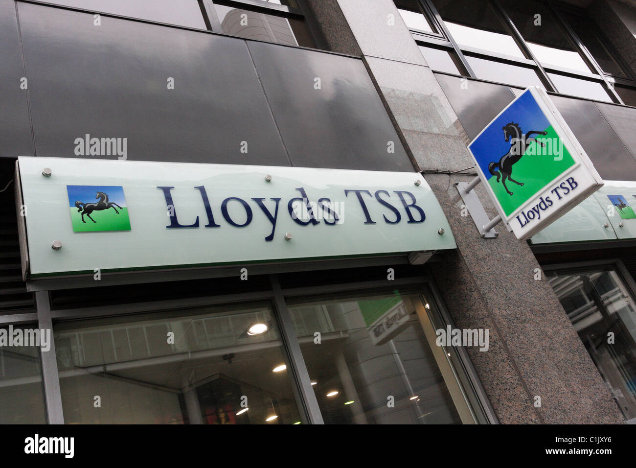 The sign of the Black Horse of Lloyds TSB Bank in Finsbury Pavement,viewed here from a low level in the City of London. Stock Photo