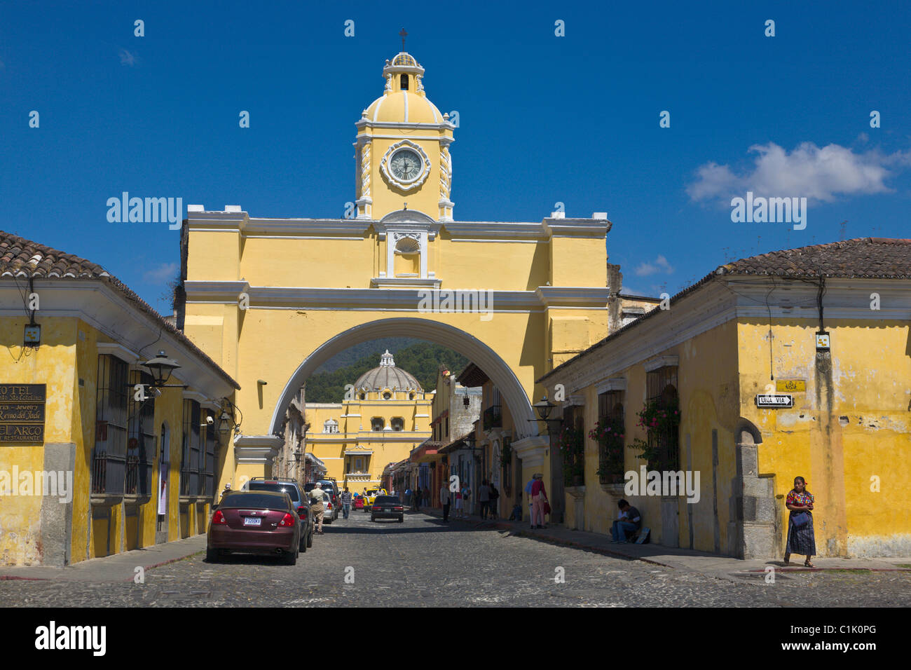 Clock Tower and arch, Antigua, Guatemala Stock Photo