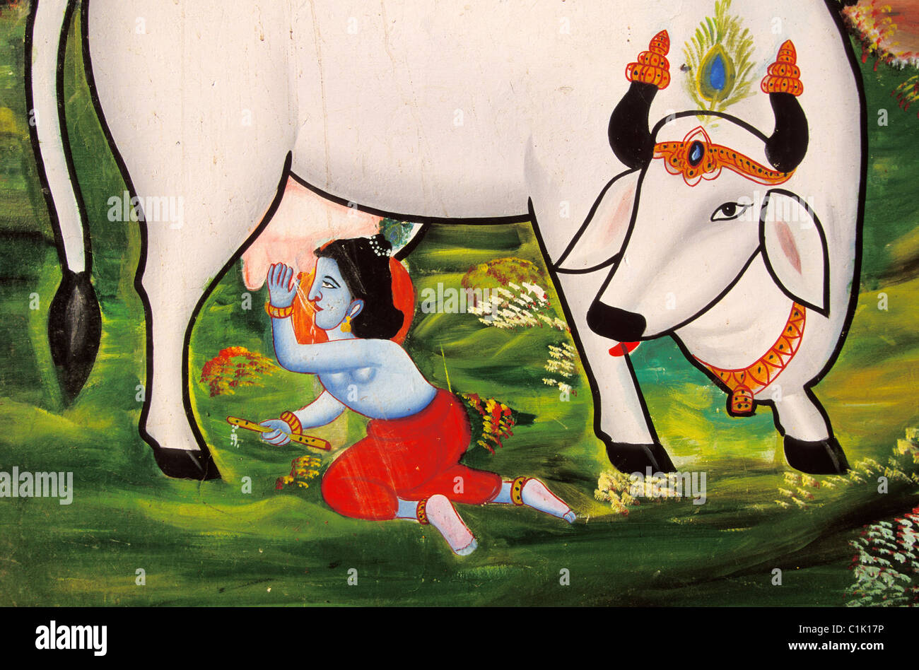 Northern India, holy picture with Krishna and a holy cow Stock Photo