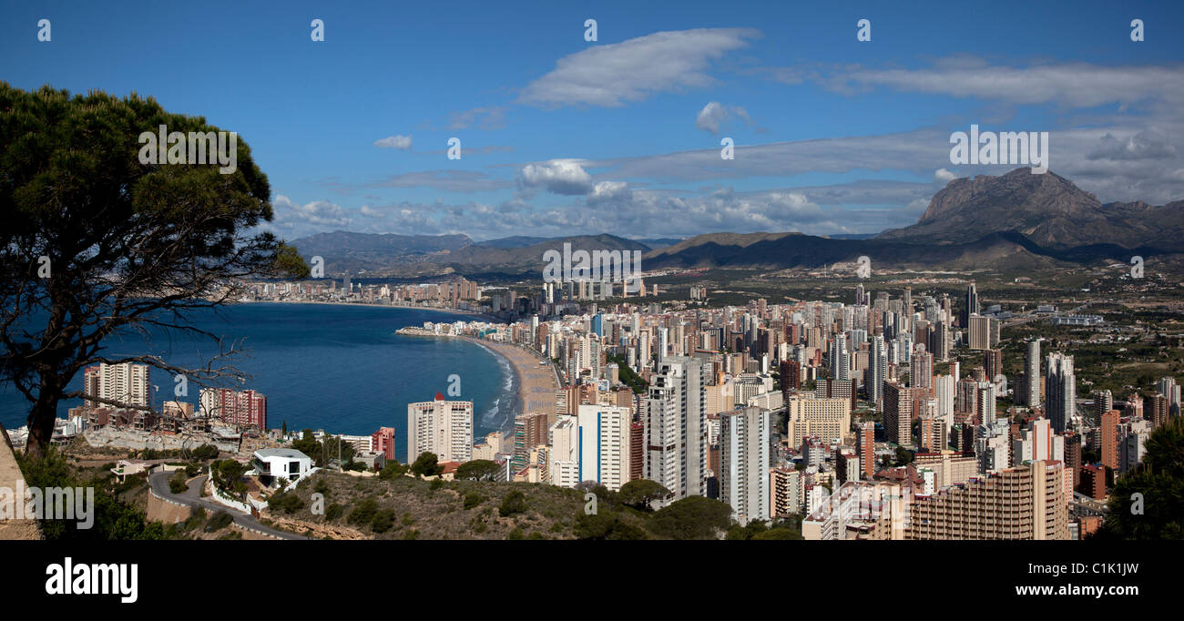 Aerial panoramic of Benidorm beaches, town and mountains, from north to south Stock Photo