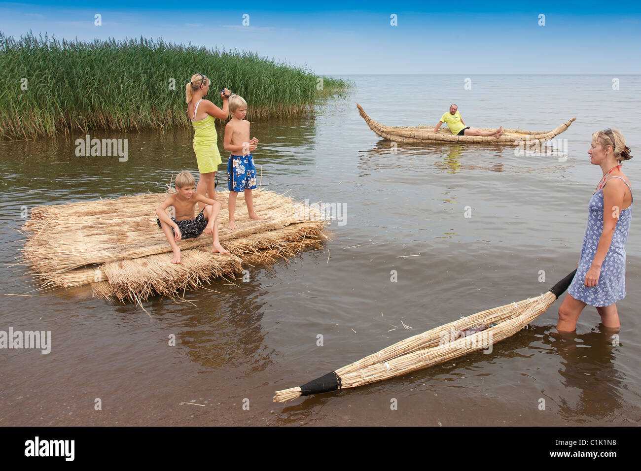 Water Reed Kayak and Water Reed Mat, Lake Peipsi, Estonia, Europe Stock