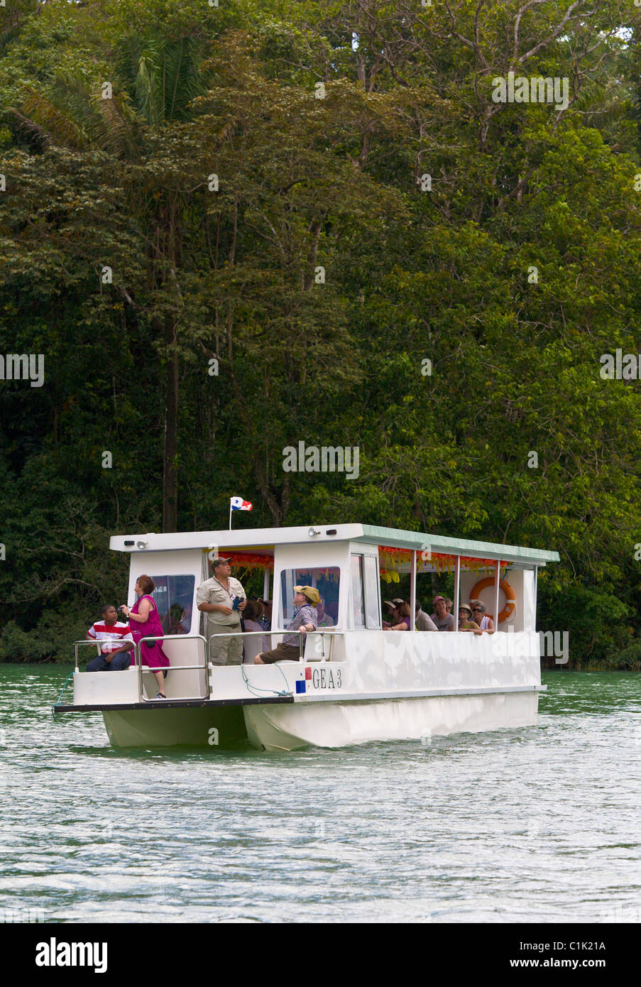 Tourists on an Eco Tour boat trip, Gatun Lake, Panama Stock Photo