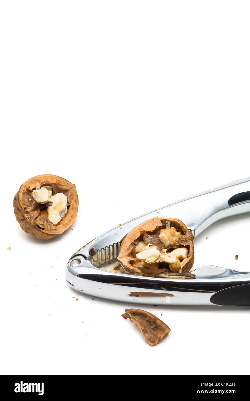 Cracking walnuts with nutcracker over white background Stock Photo Alamy