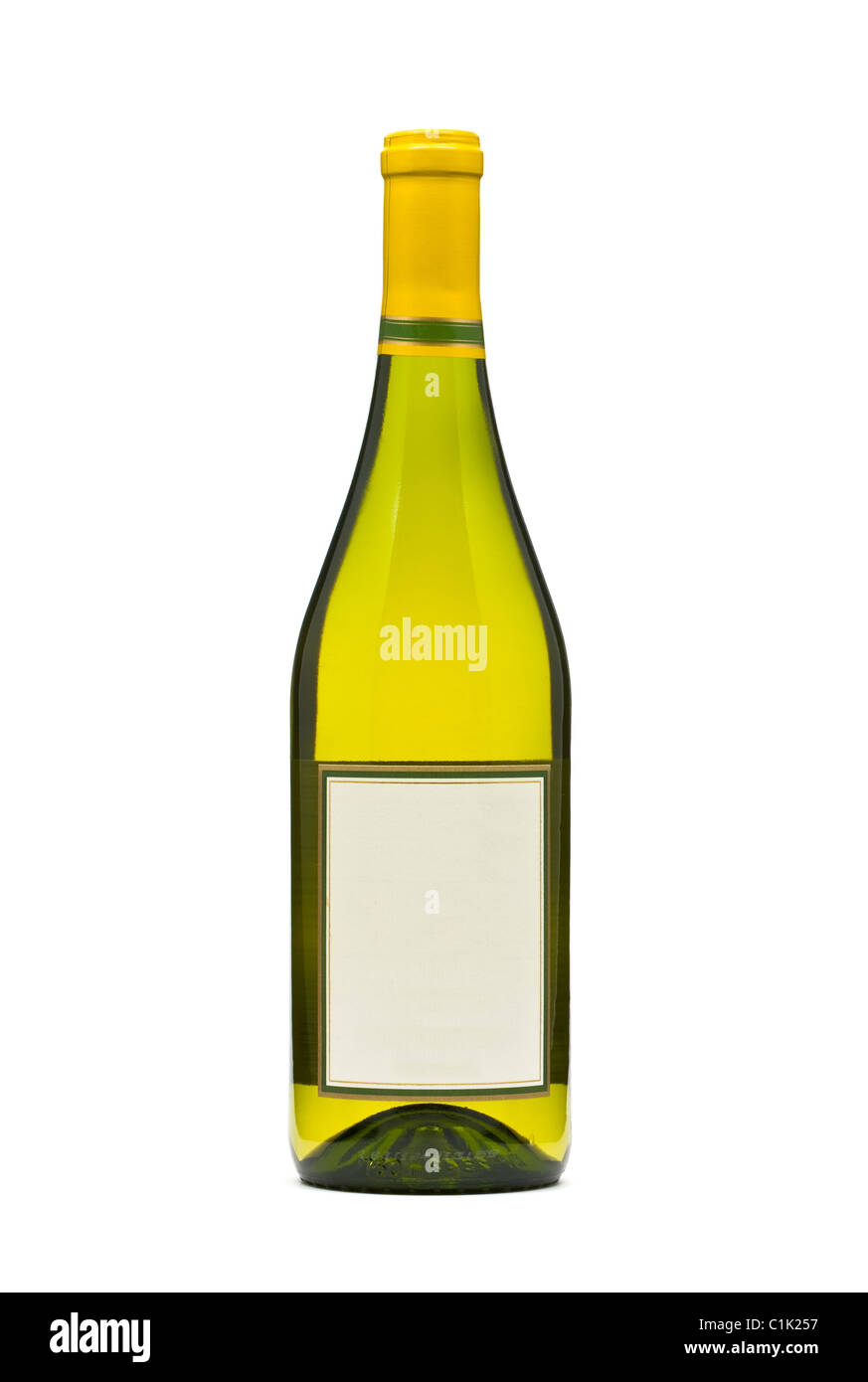 Filled white wine bottle over white background Stock Photo