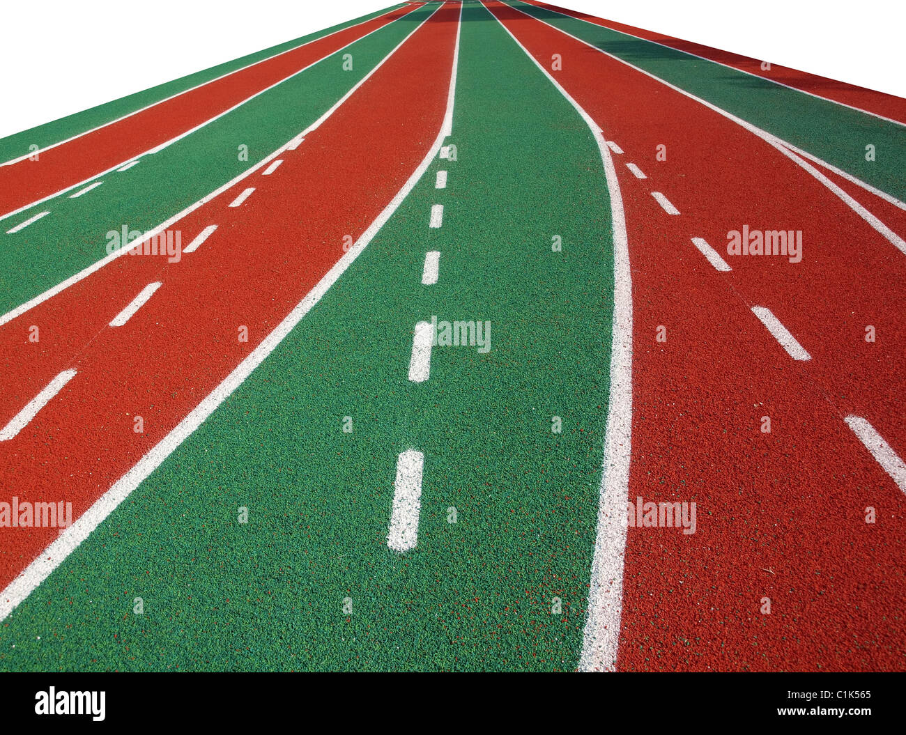 A running track in a stadium with markings in white, red and green Stock Photo