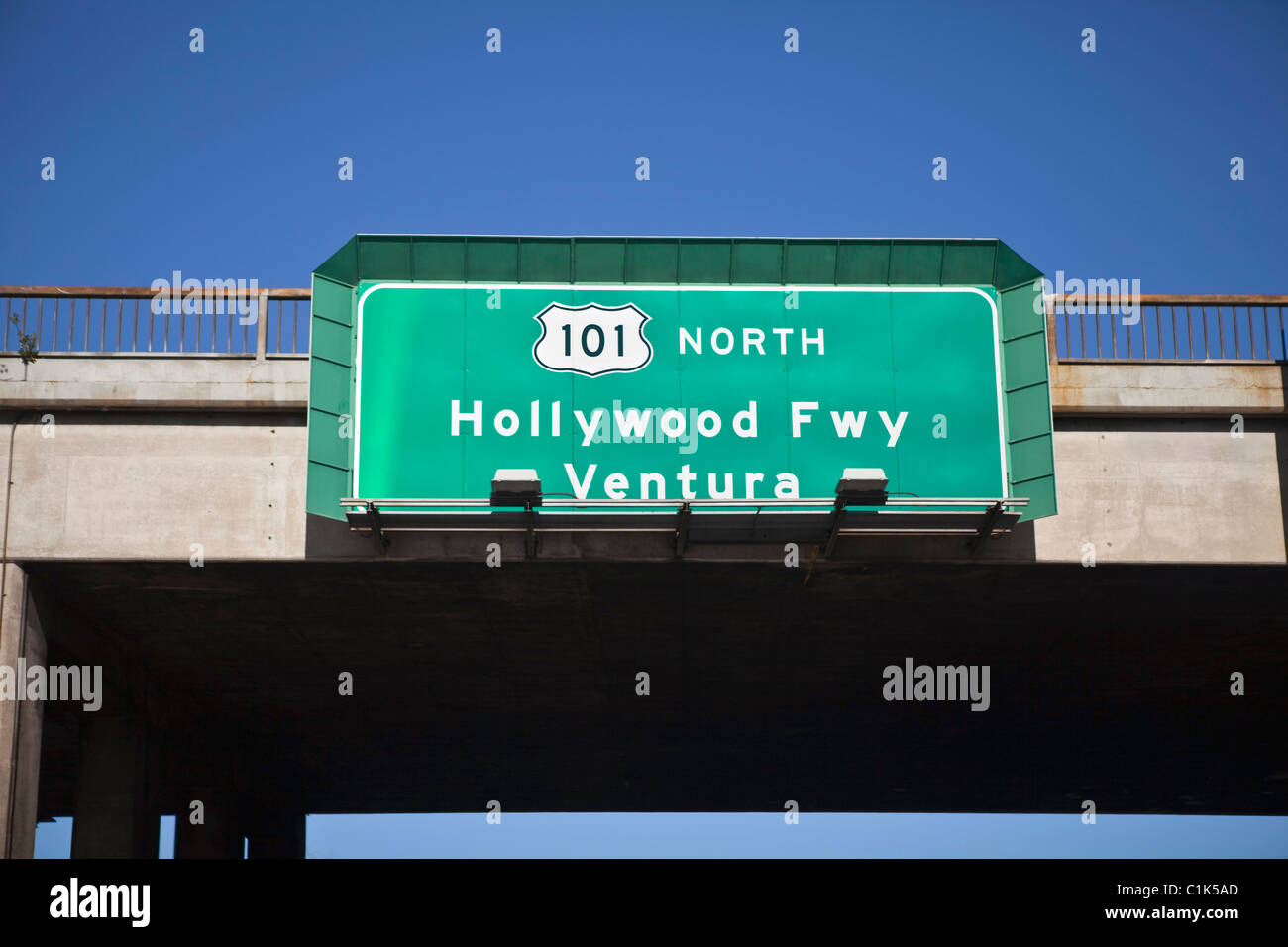 Hollywood 101 freeway sign going north towards beautiful Ventura. Stock Photo