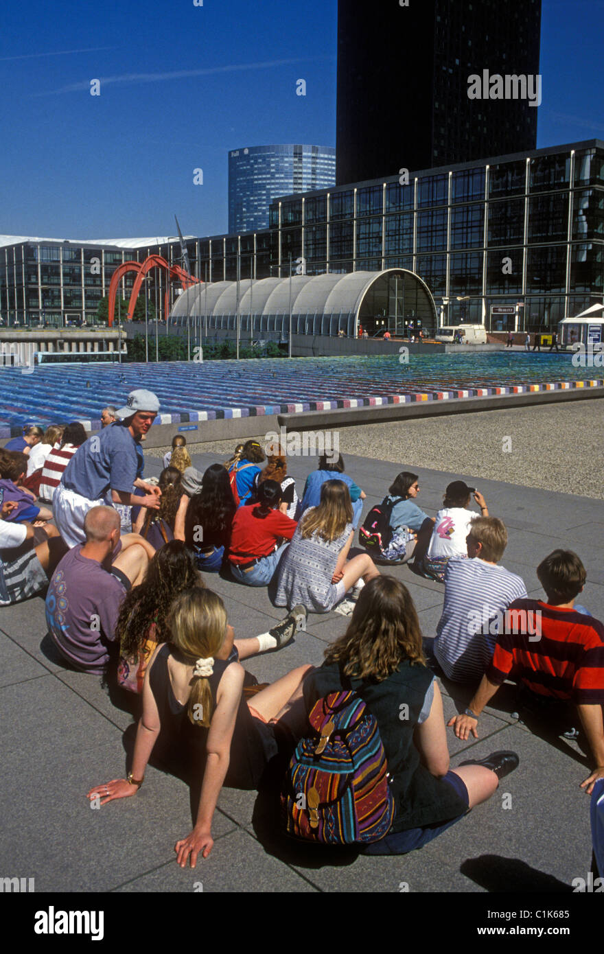 French students, student field trip, dancing fountain, La Defense, Paris, Ile-de-France, France, Europe Stock Photo