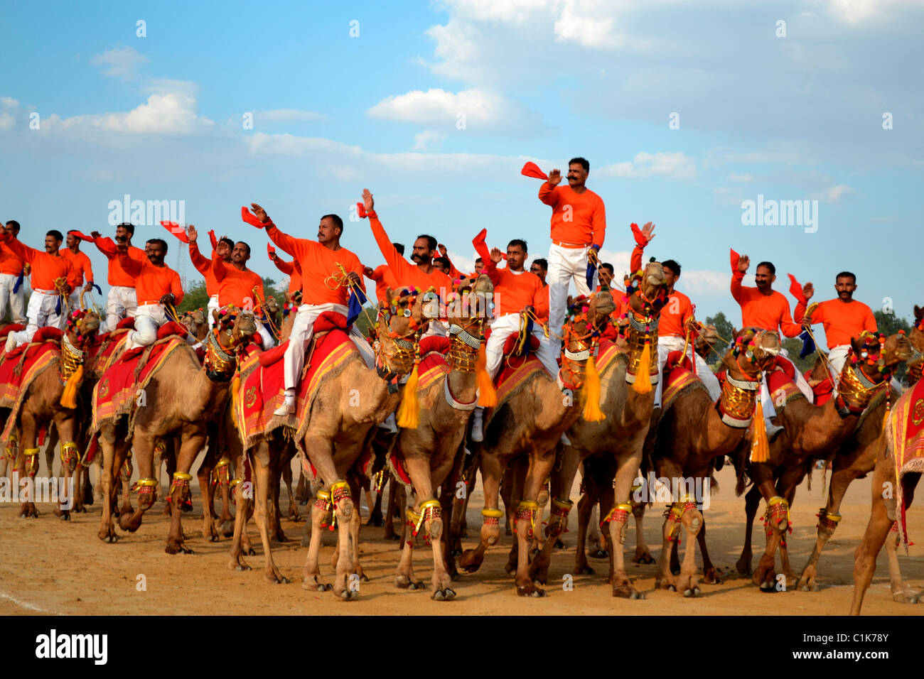 Border security force, India, camel contingent showing acrobats on camel Stock Photo