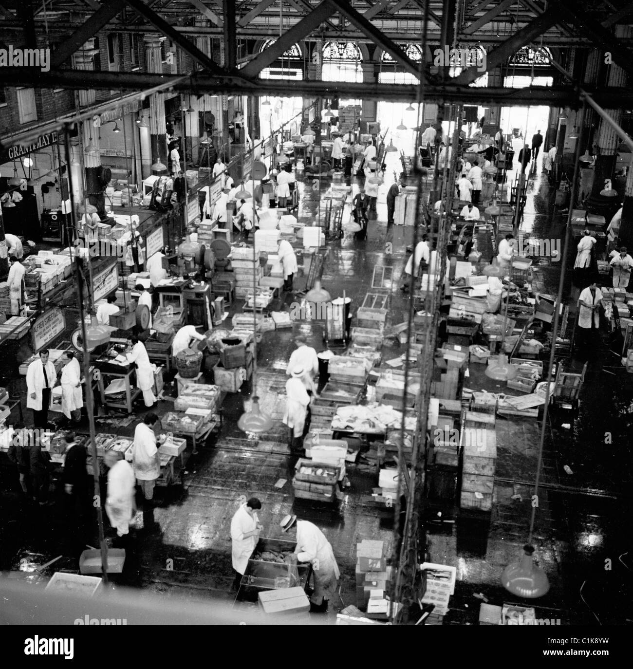1950s, fish mongers working on the floor at the Billingsgate Fish market, Lower Thames St, London. Designed by Sir Horace Jones, it opened in 1877. Stock Photo