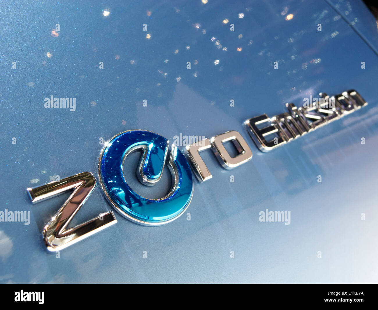 Close up of Zero Emission logo on Nissan electric car at the Geneva Motor Show 2011 Stock Photo