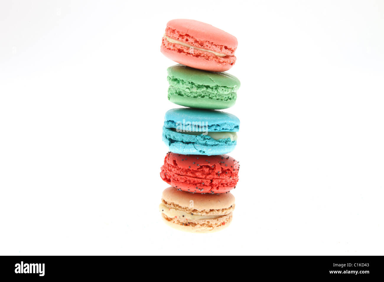 Colourful stack of macaroons with a white background Stock Photo