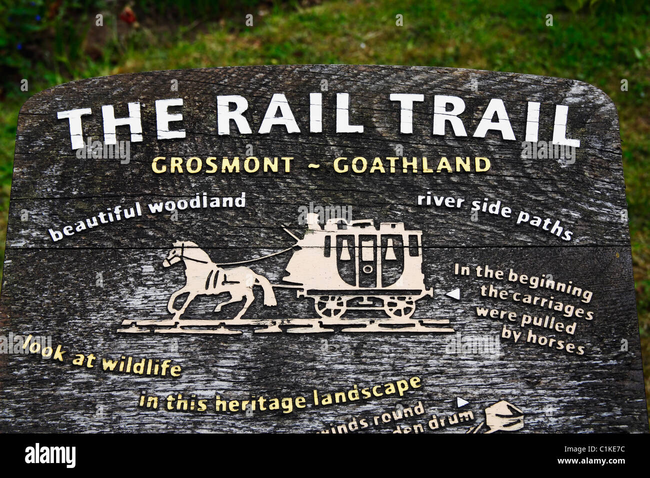 The Rail Trail footpath sign alongside track between Grosmont and Goathland, North Yorkshire, England. Stock Photo
