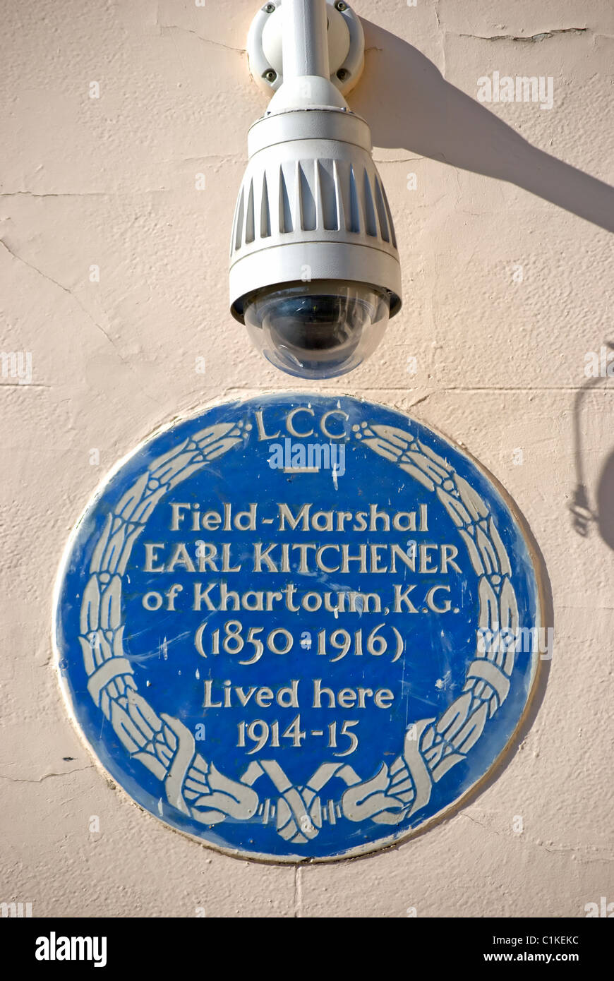 blue plaque marking a former home of field marshal earl kitchener of khartoum, in carlton gardens, london, england Stock Photo