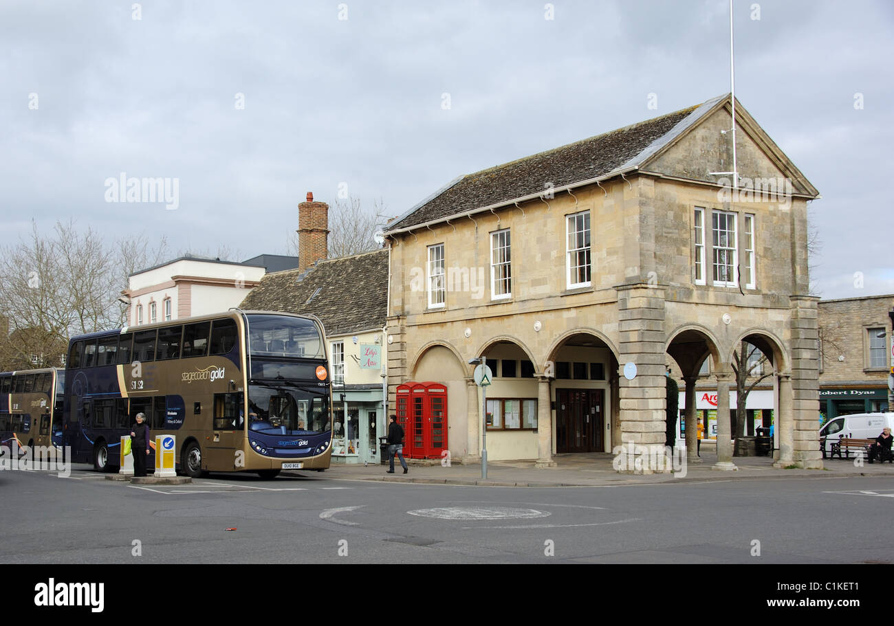 Stagecoach Gold double decker buses outside the historic Town Hall in Witney town centre Oxfordshire England UK Stock Photo