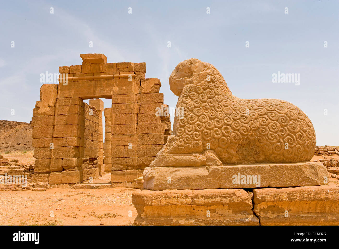Sudan High Nubia Nahr-an-Nil Province temple consecrated to Amun God lined by rams in Naga remnants of the Meroitic civilization Stock Photo