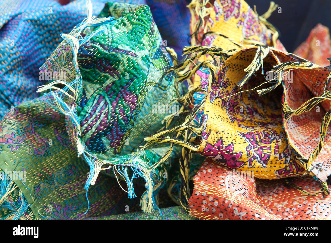 colorful intricate close up detail of woven fabric scarf Stock Photo