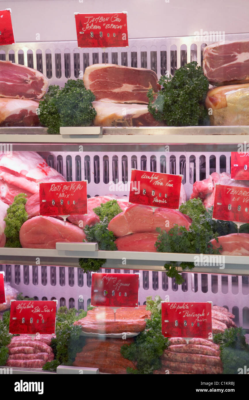Meat in Display Case, St Tropez, Var, Provence, Provence-Alpes-Cote d'Azur, France Stock Photo