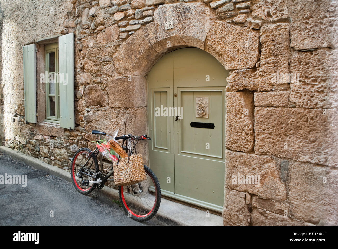 Bicycle in Medieval Village, Caunes-Minervois, Aude, Languedoc-Roussillon, France Stock Photo