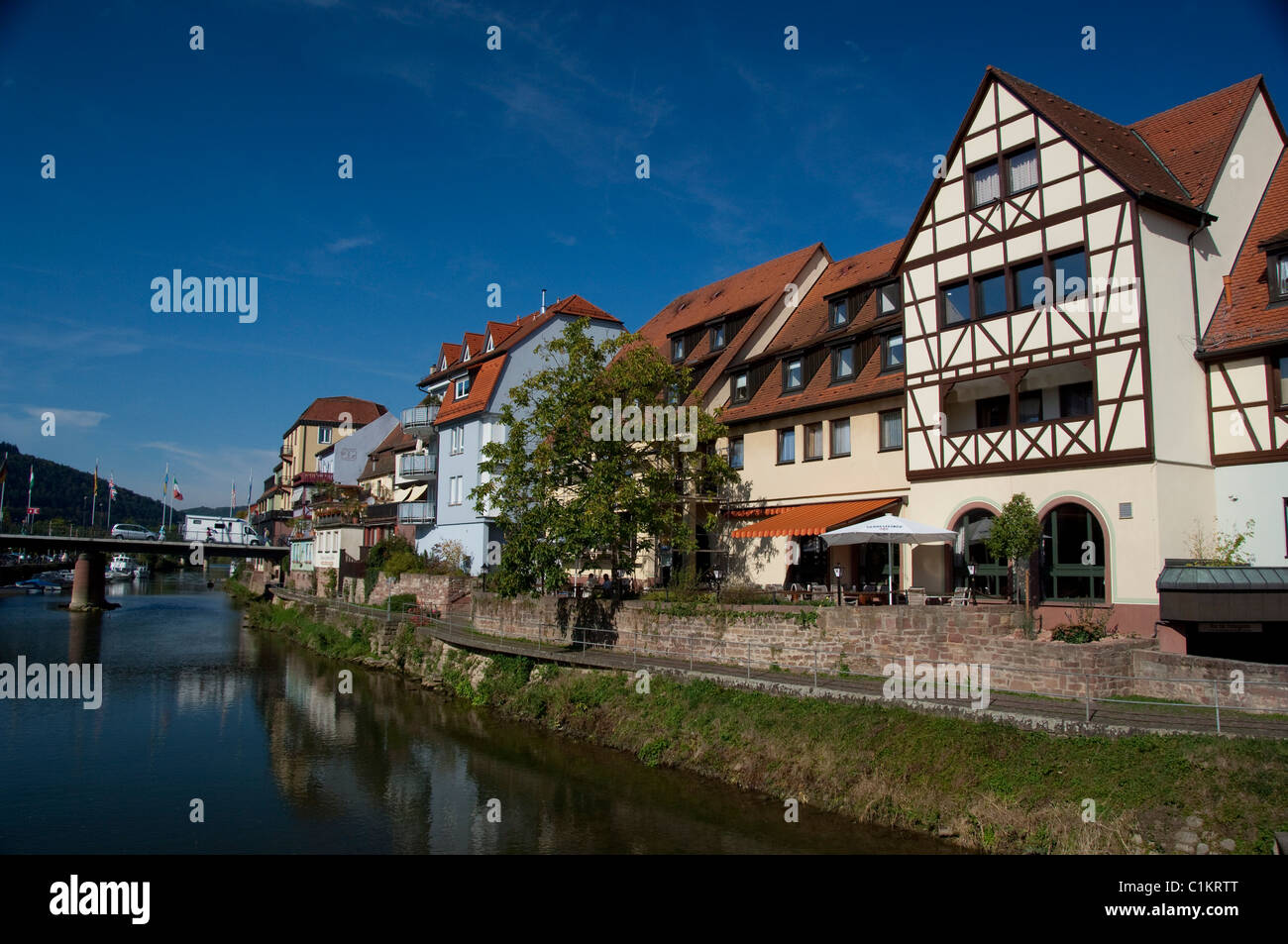 Germany, Franconia, Wertheim. Historic homes along the Tauber River. Stock Photo