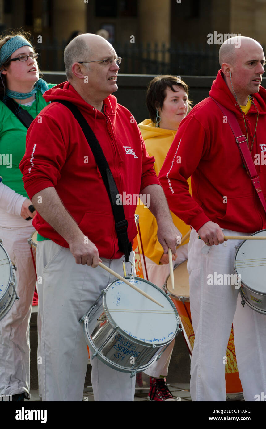 The Edinburgh Samba School drum band performing in the centre of Edinburgh, Scotland. Stock Photo
