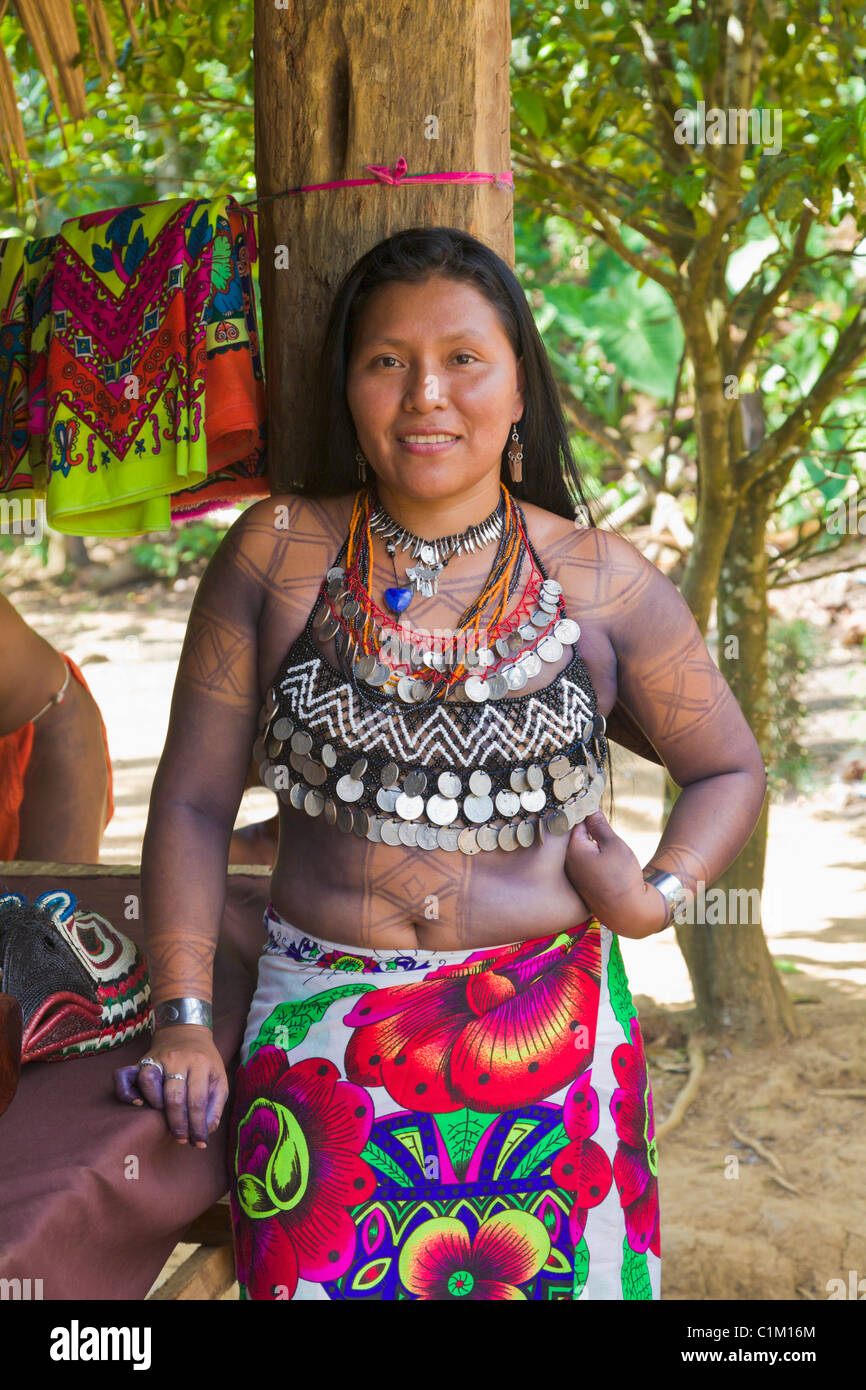 Woman of the Native Indian Embera Tribe, Embera Village, Panama Stock Photo