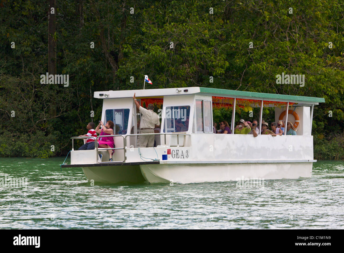 Tourists on an Eco Tour boat trip, Gatun Lake, Panama Stock Photo