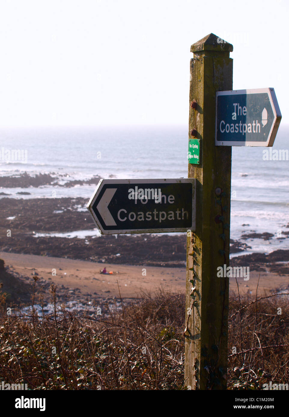 The coastpath sign post, Wanson Mouth, Bude, Cornwall, UK Stock Photo