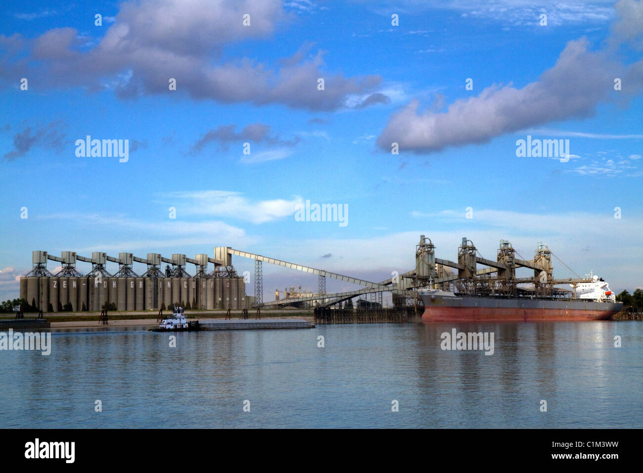 Bulk freighter at a grain shipping terminal on the Mississippi River at