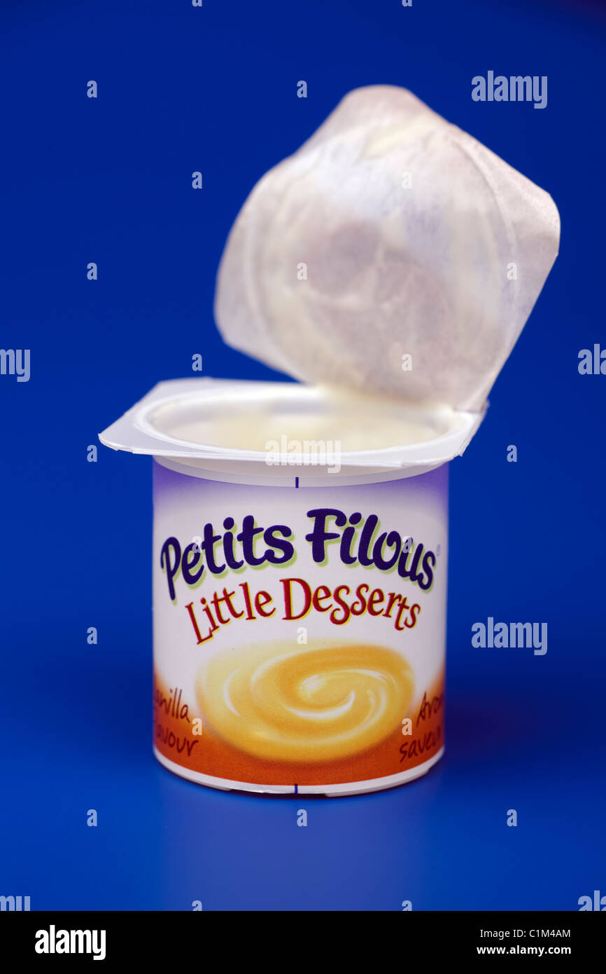 Empty pot of Petits Filous little dairy desserts Stock Photo