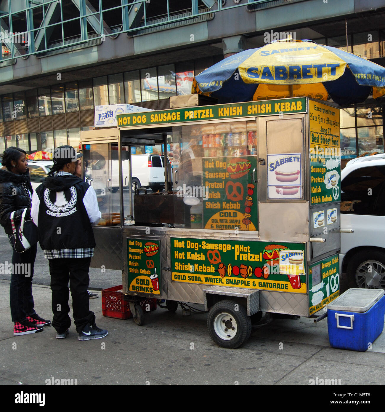 Food stall in street selling Hot Dogs, Pretzels etc., Manhattan, New