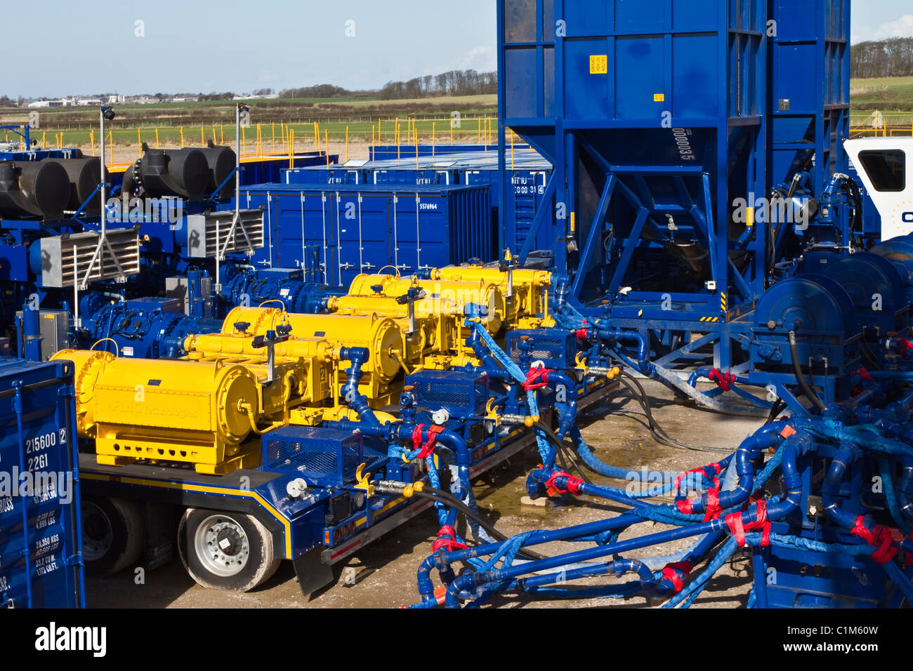 Weir Pumps at Cuadrilla Resources drilling equipment at Shale Gas Drill Site,  Presse Hall Farm, Blackpool, Lancashire, Uk Stock Photo