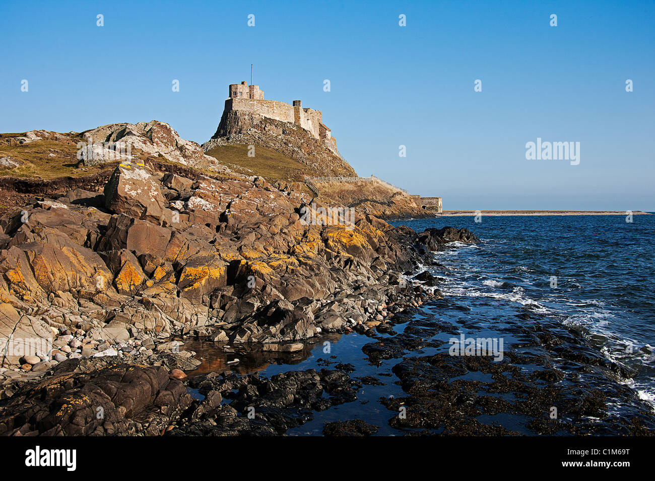 Holy island.of Lindisfarne castle. Stock Photo