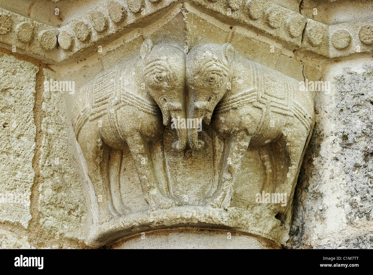 France, Charente Maritime, Surgeres, detail of the frontage of Notre Dame church (XII century) Stock Photo