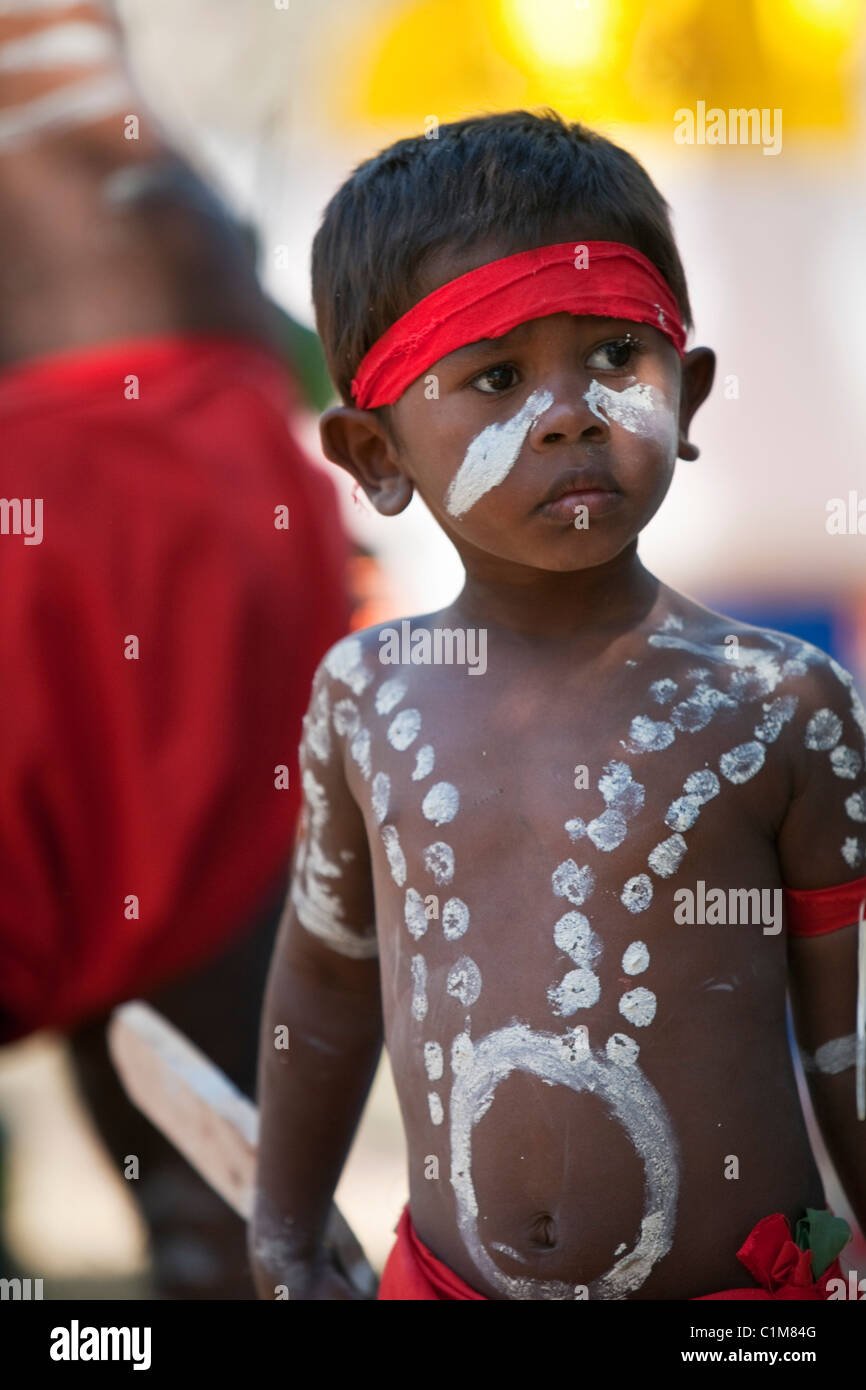 Indigenous boy with traditional body paint.  Laura Aboriginal Dance Festival, Laura, Queensland, Australia Stock Photo