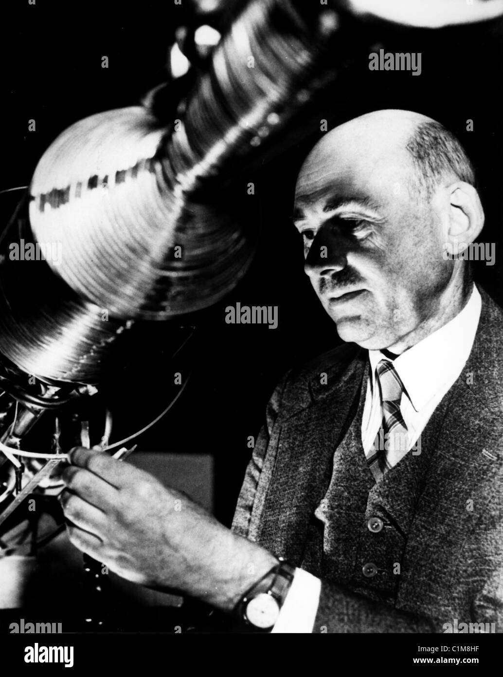 Robert Goddard, a pioneer in rocket development who is credited with creating and building the first liquid-fueled rocket. Stock Photo