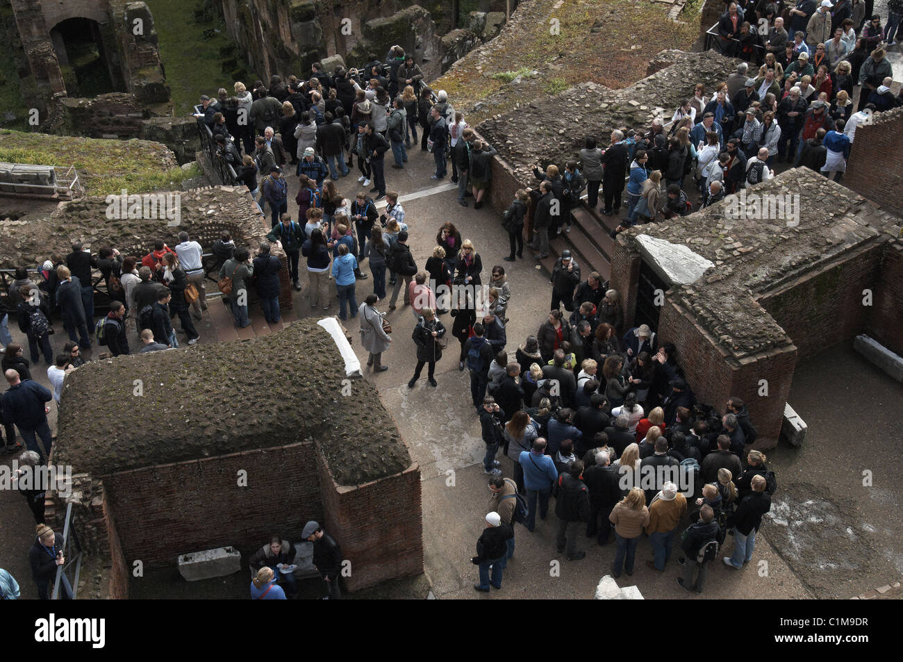 Looking down on tourists in Rome, Italy, Europe, at the Colosseum Stock Photo