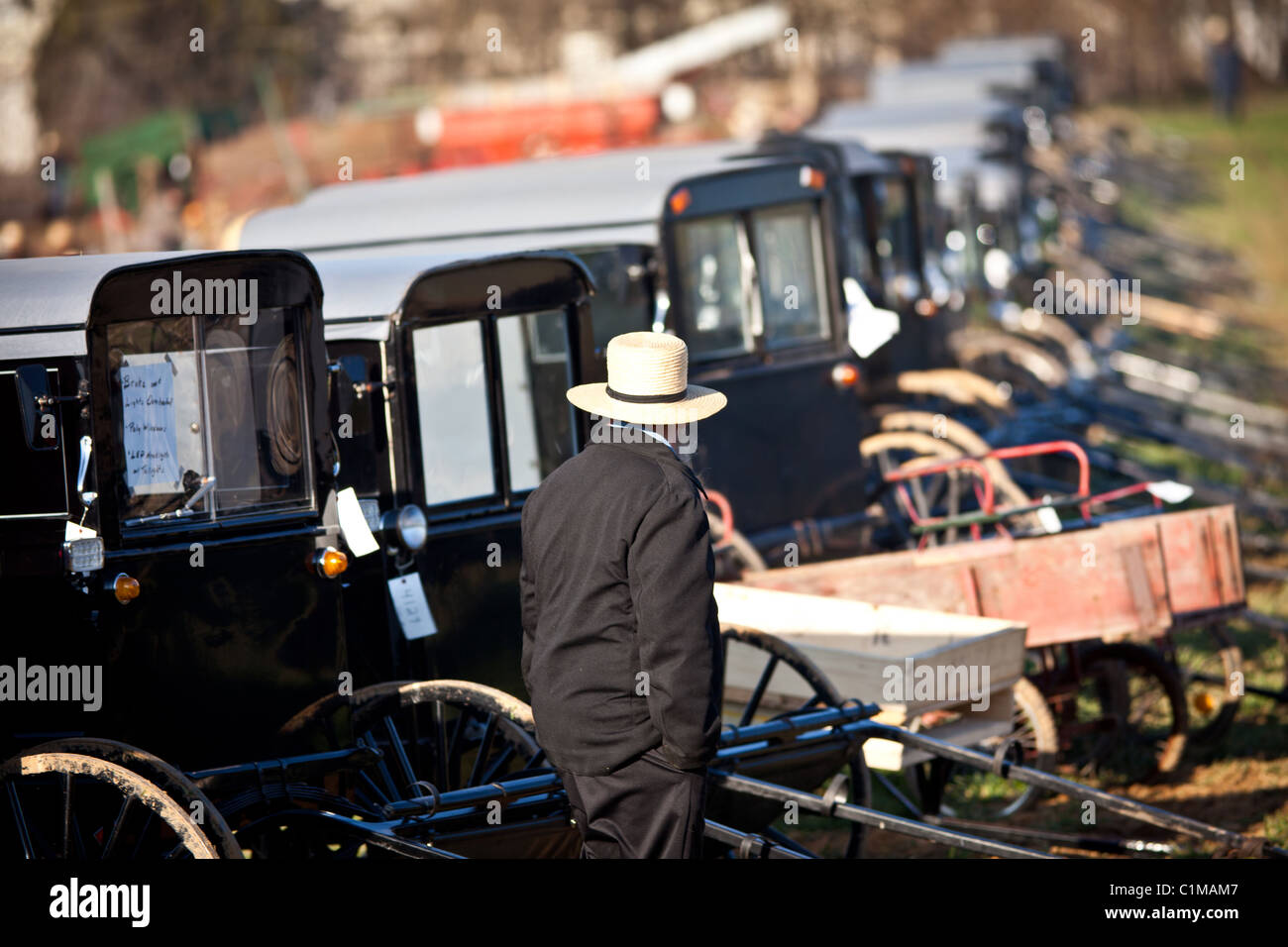 Amish man walks past dozens of horse buggies for sale at the annual Mud ...