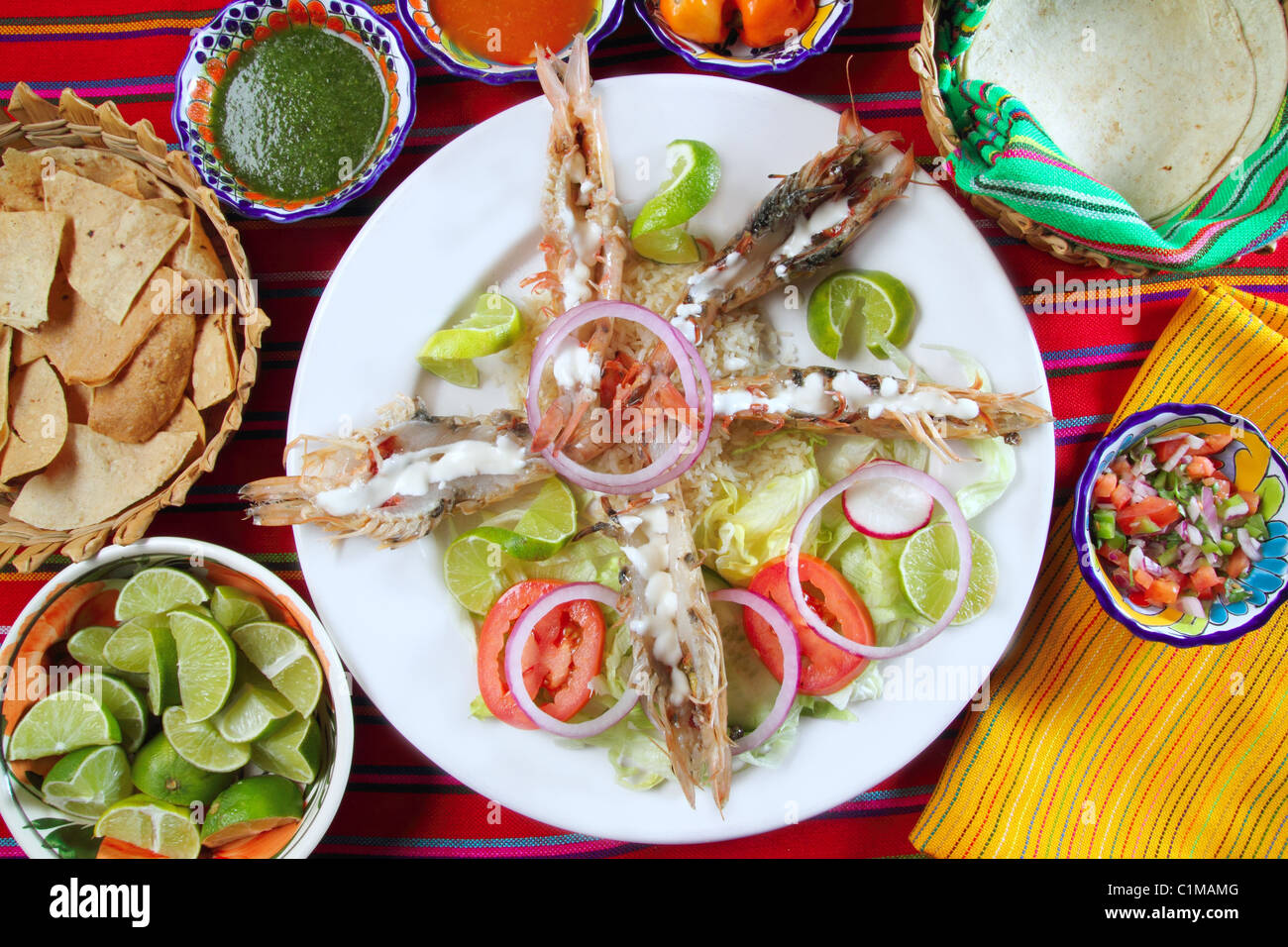 Mexican shrimps with butter cream chili sauces Mexico seafood Stock