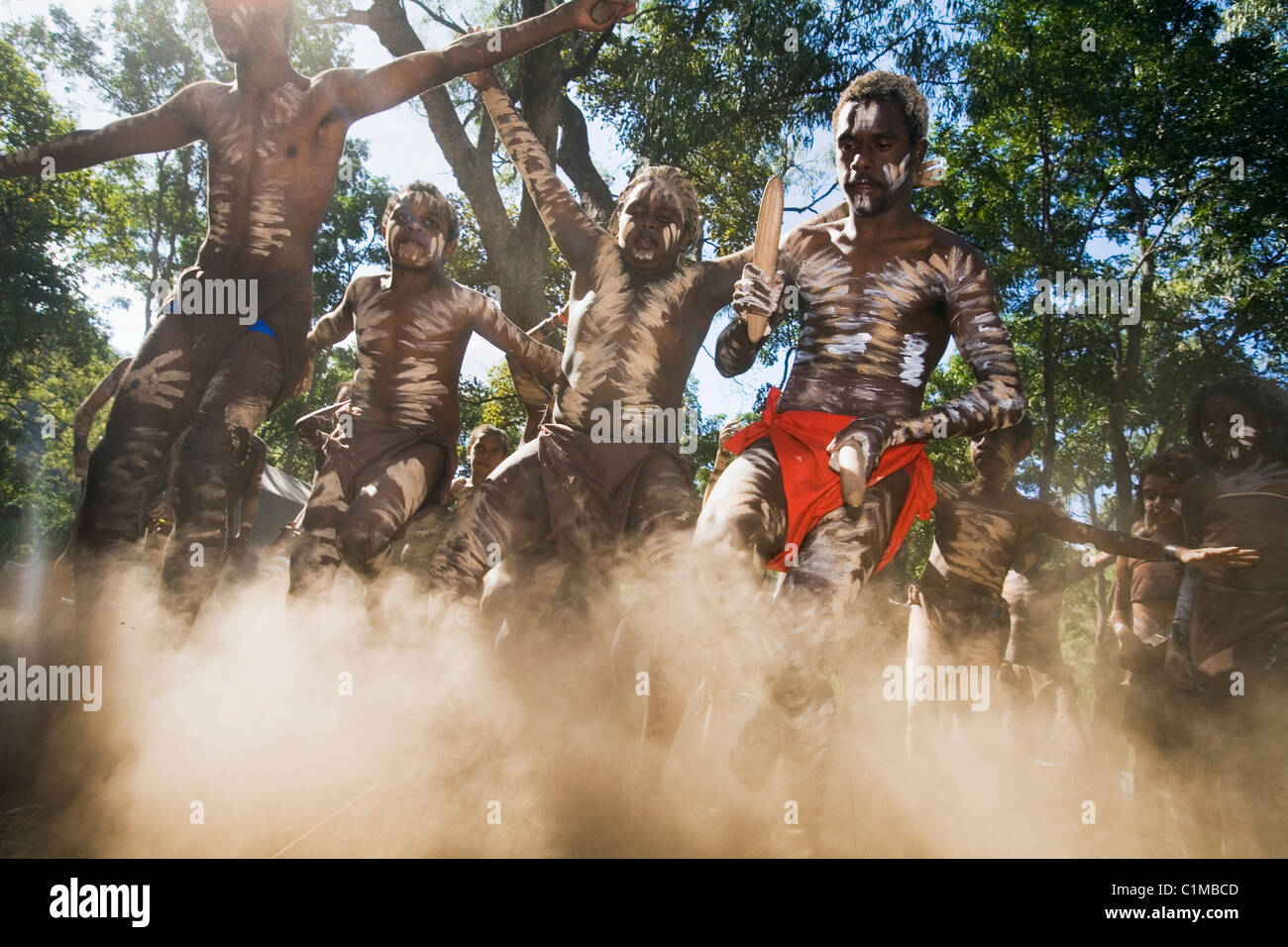 Indigenous dancers performing a tribal dance.  Laura Aboriginal Dance Festival, Laura, Queensland, Australia Stock Photo