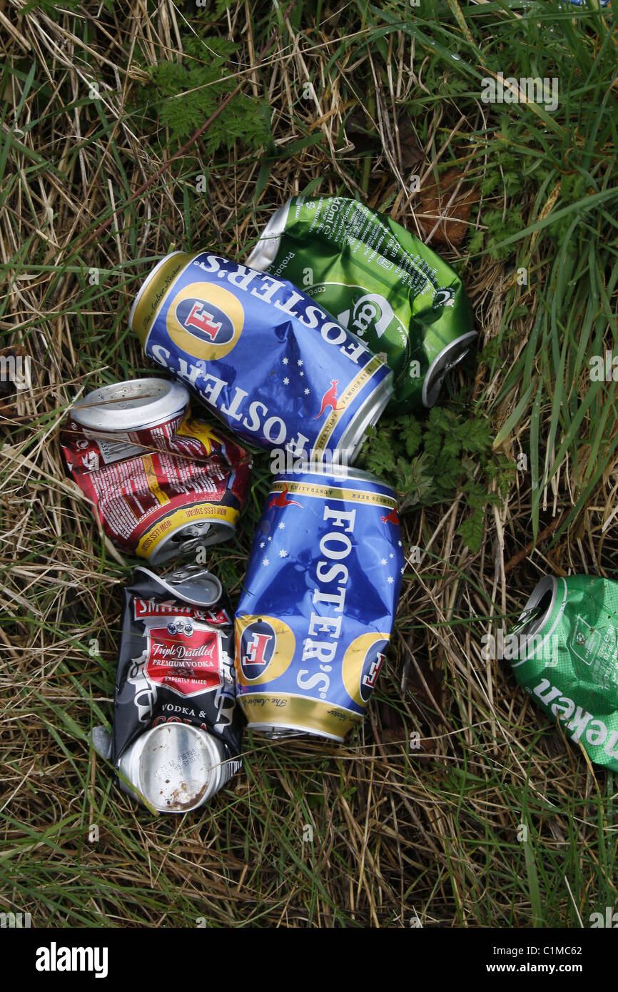empty beer cans on grass Stock Photo Alamy