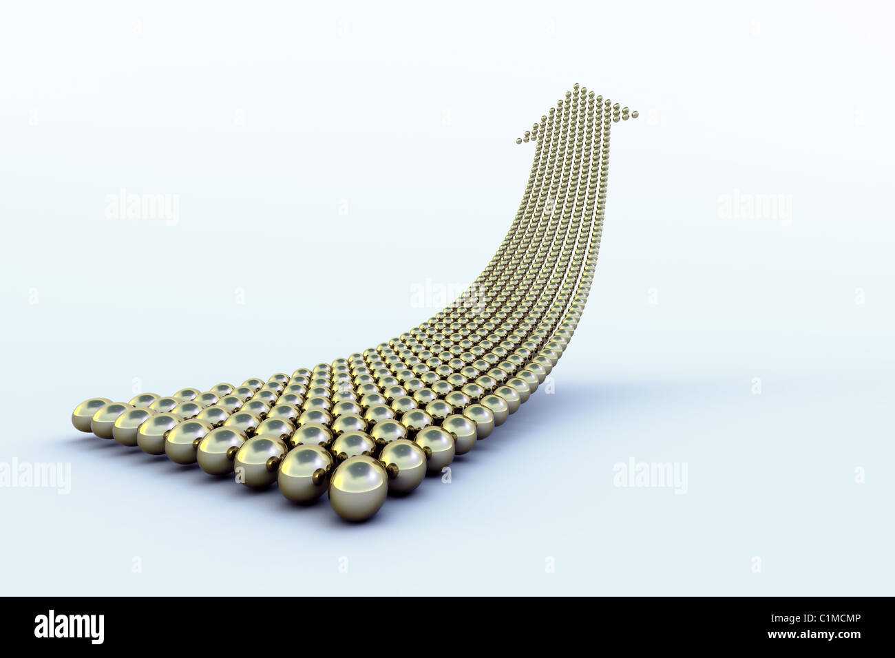 Up-pointing arrow formed of hundreds of golden, reflective, balls over a light blue surface with shadows. Stock Photo