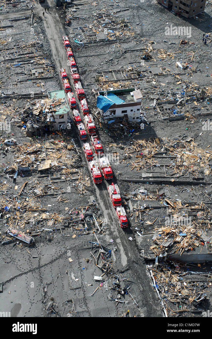 Aerial view of Sukuiso, Japan, showing emergency services amid the devastation caused by the earthquake + tsunami in March 2011. Stock Photo